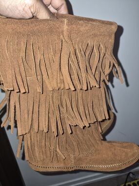 Minnetonka Chestnut Suede Triple Fringe Moccasin Boots